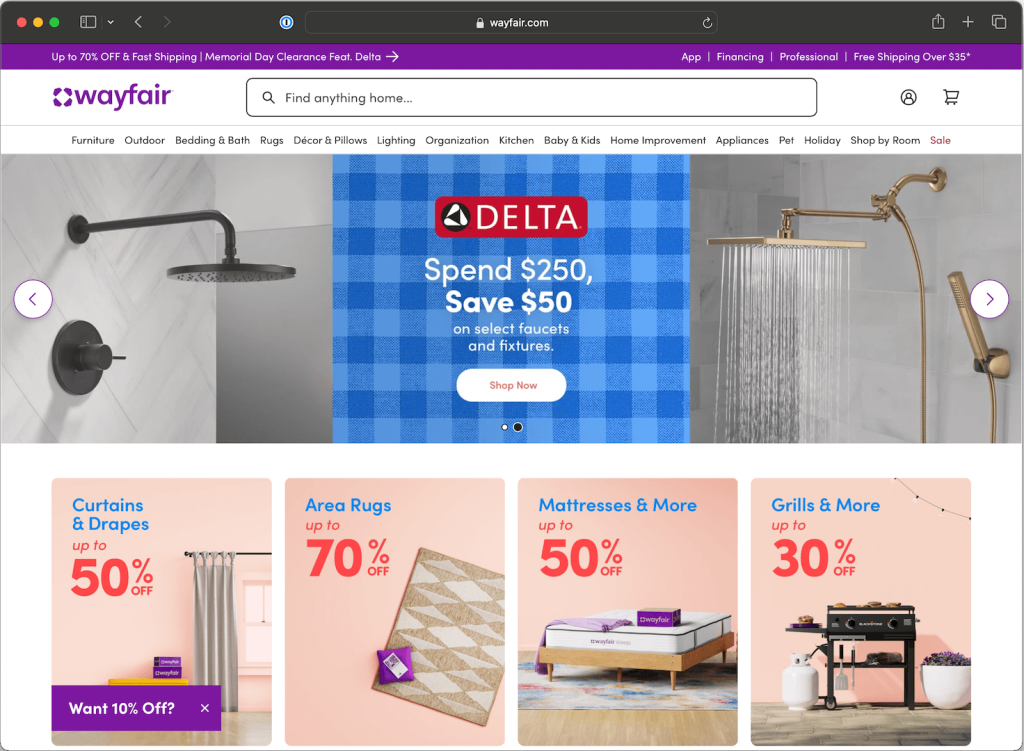 Wayfair homepage featuring a Delta shower ad, navigation bar, and sales on curtains, area rugs, mattresses, and grills. Product images show a shower, rug, bed, and grill, with discount percentages highlighted.